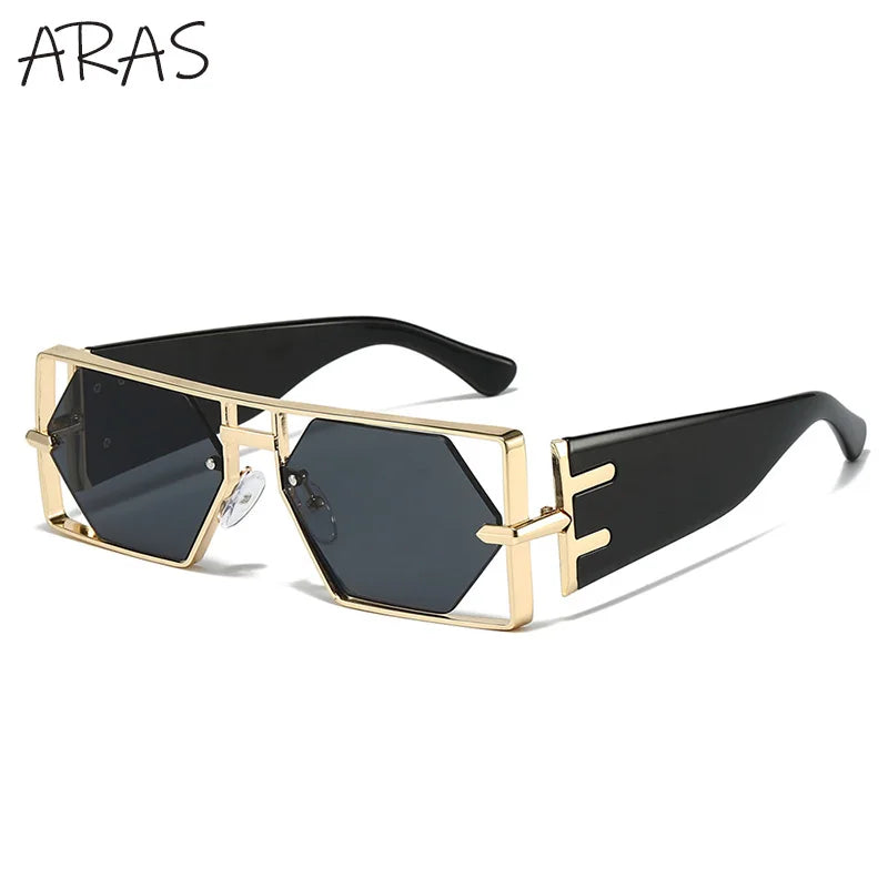 Steampunk Rectangle Sunglasses Hexagon Hollow Metal Vintage Frame Luxury Eyewear UV400 Shades
