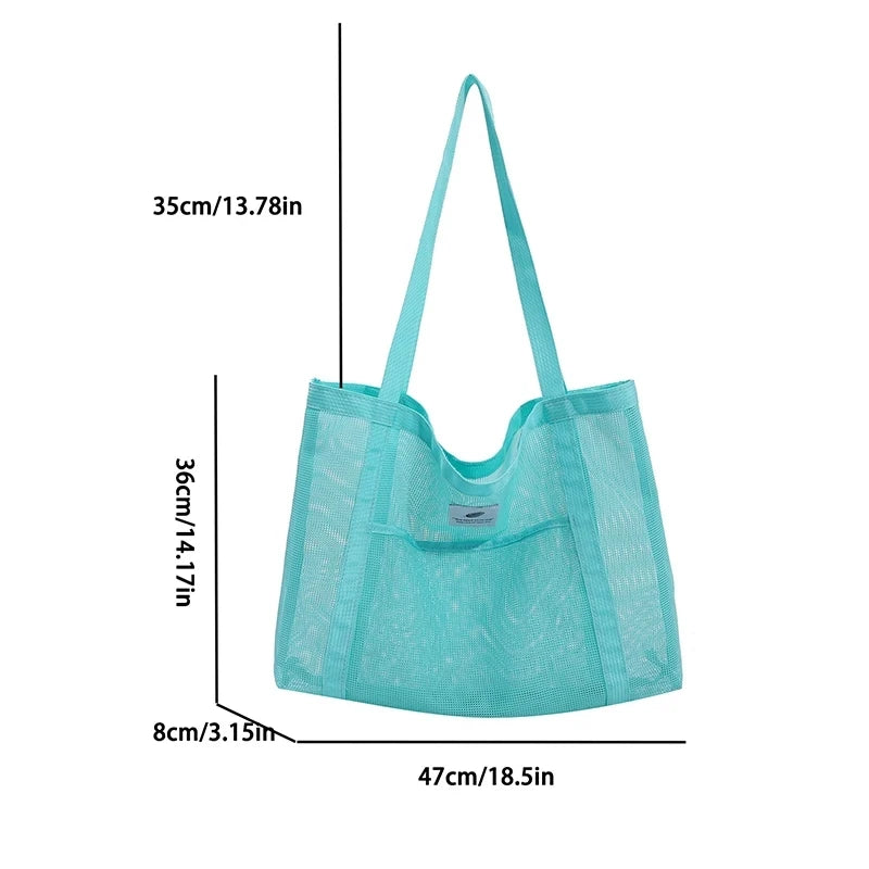 Women Transparent Mesh Net Shoulder Winder Bag Fashionable Portable Shopping Travel Beach Tote Handbag mbzr