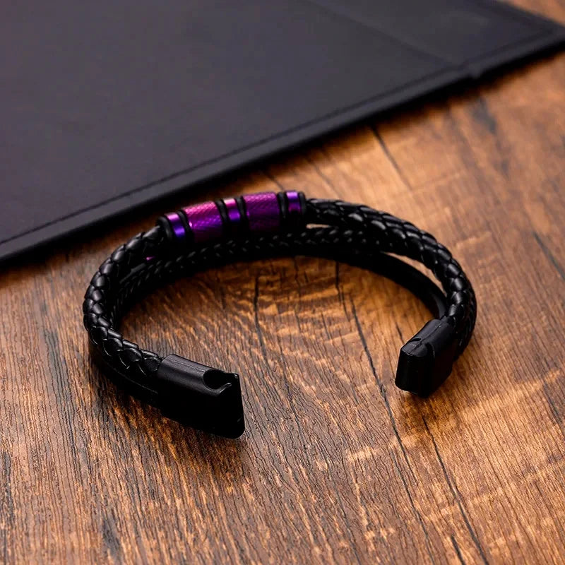 Chunky Leather Bracelets for Men Boys,Multi-layer Bracelets with Stainless Steel Bend Tag,Casual Jewelry Gift to Father Husband