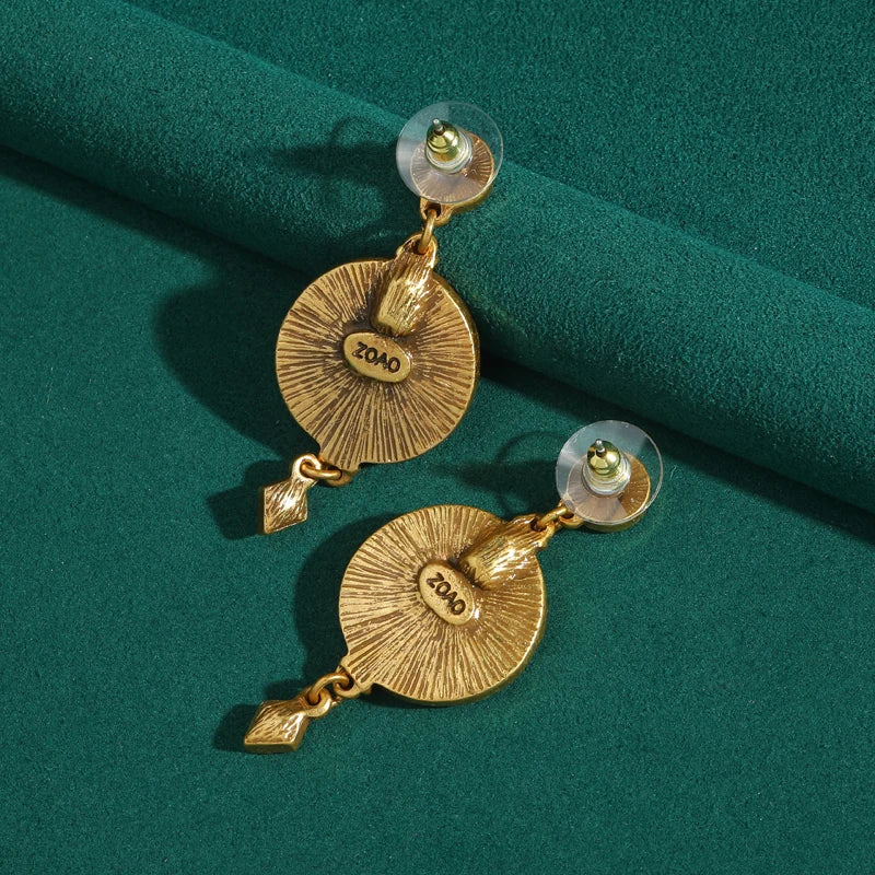 Vintage Gold Color Crystal Drop Dangle Earrings For Woman Carving Cameo Head Coin Antique Jewelry Luxury Designer Retro Accessories 2026
