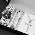 5PCS Set DEYROS Fashion Mens Calendar Watches Men Business Stainless Steel Quartz Wristwatch Male Casual Necklace Bracelet Watch mbzr