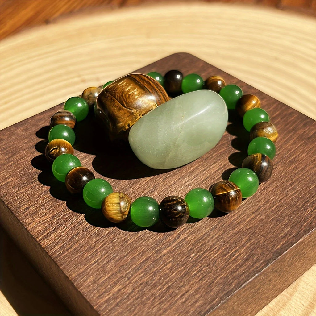 2 8mm Lucky Bracelets with 8mm Tiger Eye and Green Aventurine - Handcrafted Natural Crystal Beads to Help Relax, Attract Wealth and Relieve Anxiety - Vintage Bohemian Style