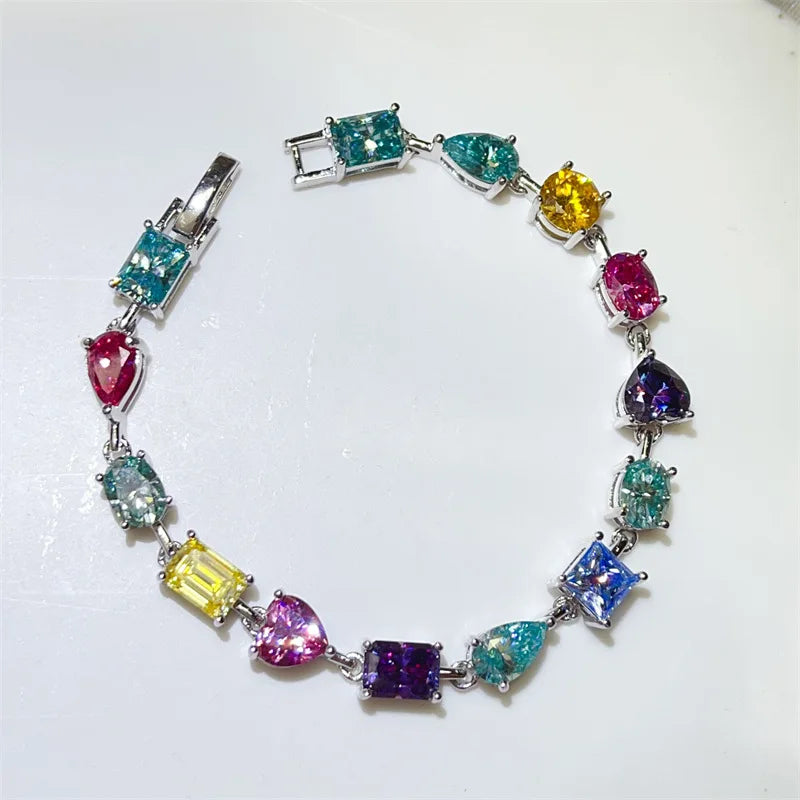 Luxury Rainbow Genuine Moissanite Tennis Bracelet S925 Sterling Silver Mixed Cut Heart Pear Round Square Gemstone Bracelet for Women Fine Jewelry Daily Wear Party Birthday Gift