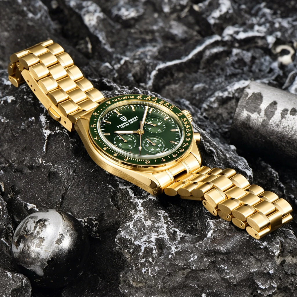New Classic Men Watch PAGANI DESIGN Golden Green Luxury Quartz Watch For Men Automatic Date Speed Sport Chronograph AR Sapphire crystal Wristwatch Men Local Shipping