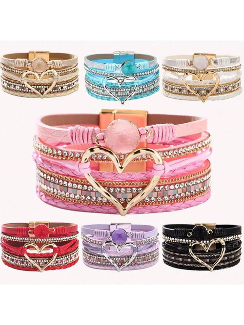 Layered PU Leather Heart Charm Wrap Bracelet With Magnetic Closure For Women, Boho Style, All Season Accessory mbzr