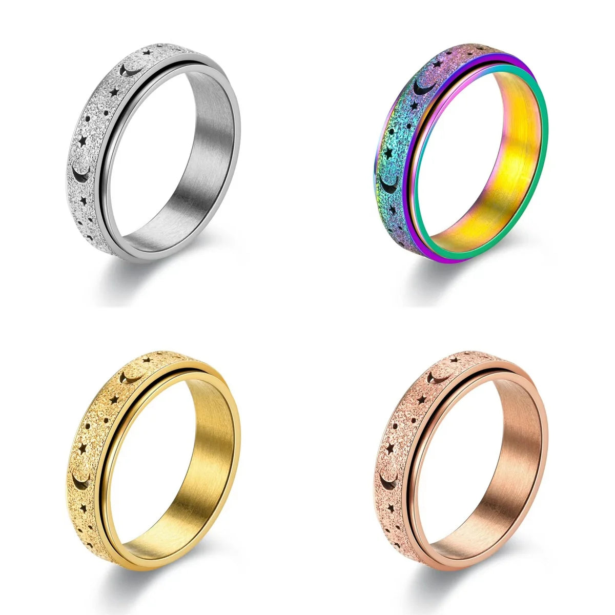 Anti Stress Stainless Steel Spinning Rotating Finger Rings For Women Men Rotatable Design Moon-Star Frosted Ring Fashion Jewelry
