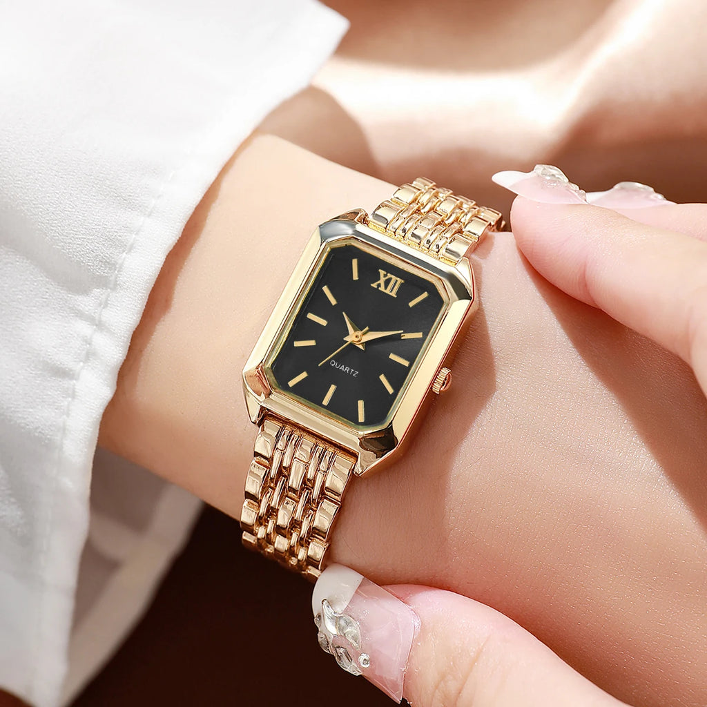 2PCS Fashion Rectangle Women Quartz Watch Rhinestone Bracelet Set Ladies Roma Dial Wristwatch Reloj Mujer Girls Clock Gift