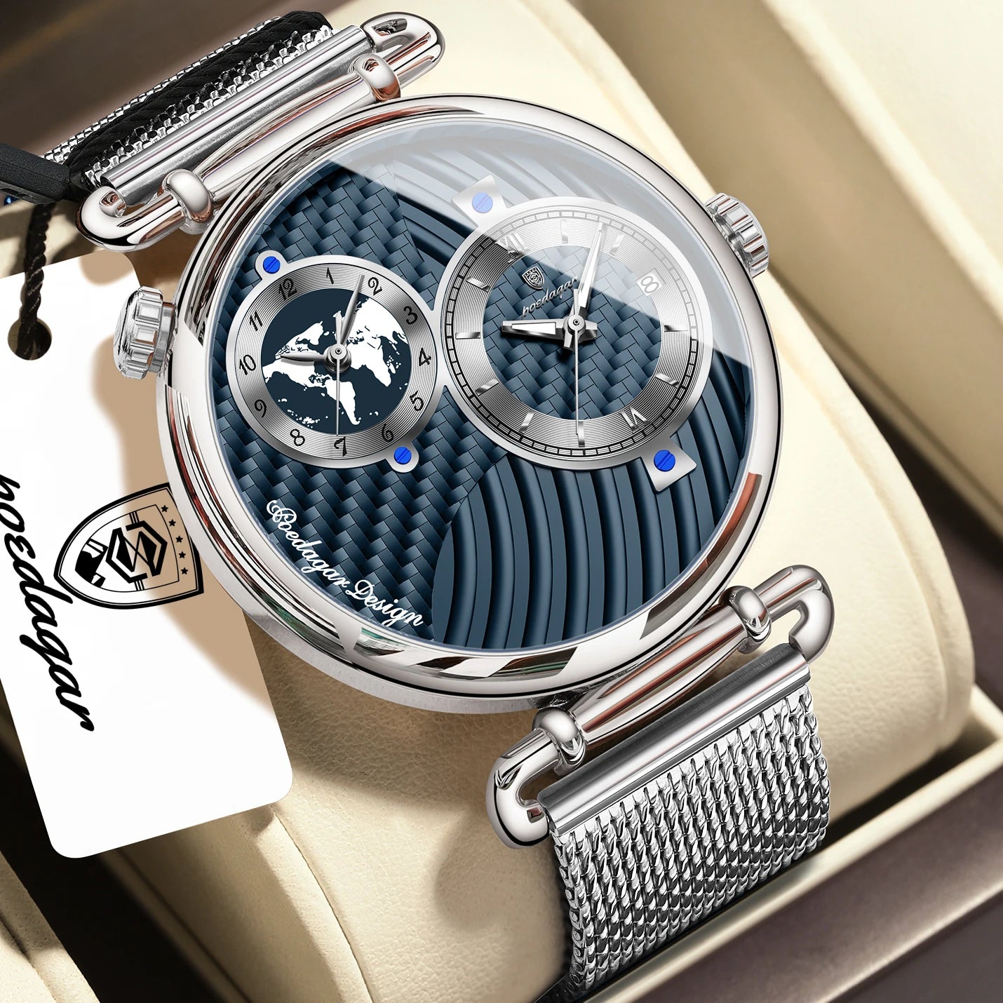 POEDAGAR Original Fashion Man Wristwatch Multiple Time Zone Display Waterproof Calendar Men Watch Mesh Stainless Steel Quartz Business Men's Watches Reloj