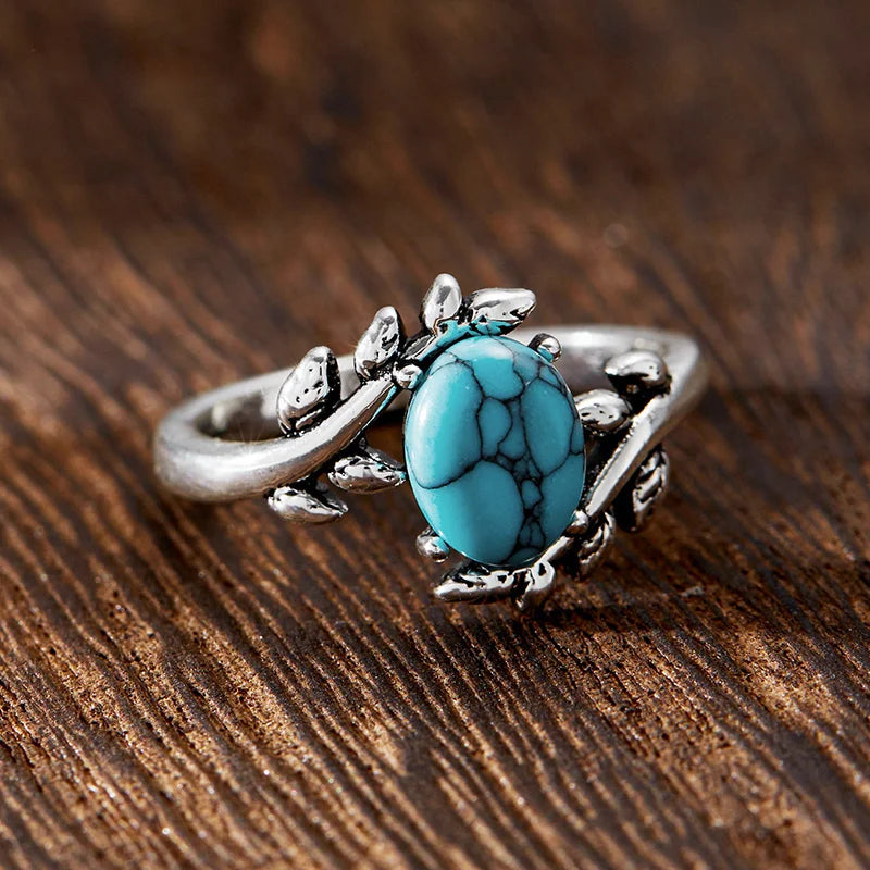 Retro Bohemian Silver Color Imitation Turquoise Branch Ring Fashion Ethnic Style Jewelry mbzr