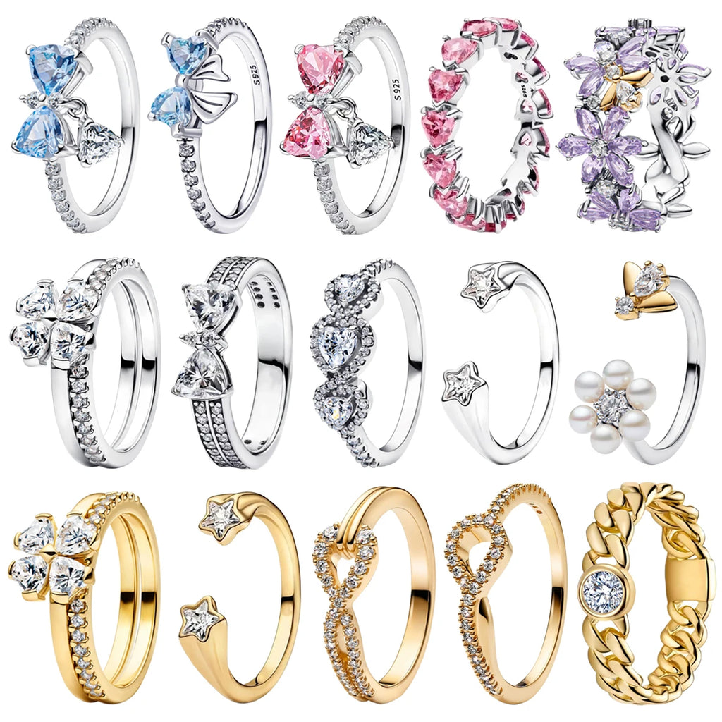 Luxury Original 925 Sterling Silver Heart-shaped Bow Flower Ring fit Women's High-end Jewelry Parties Valentine's Day Gifts mbzr