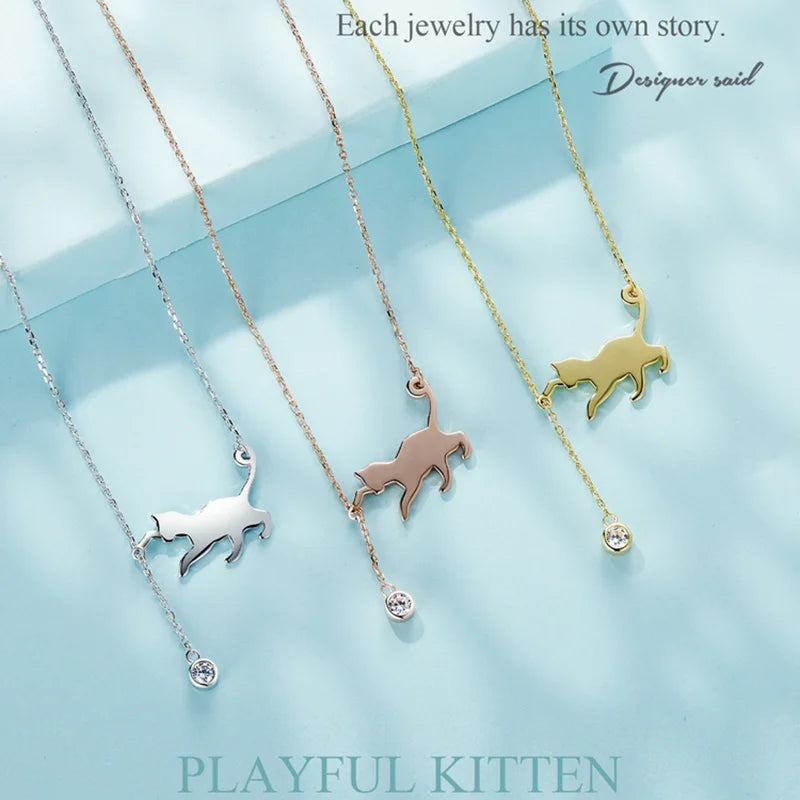 WOSTU 100% 925 Sterling Silver Playful Cat Pet Chains Pendant Necklace For Women Luxury Brand Jewelry