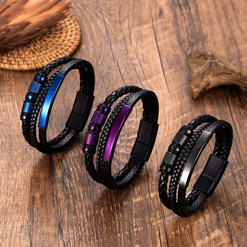 Chunky Leather Bracelets for Men Boys,Multi-layer Bracelets with Stainless Steel Bend Tag,Casual Jewelry Gift to Father Husband