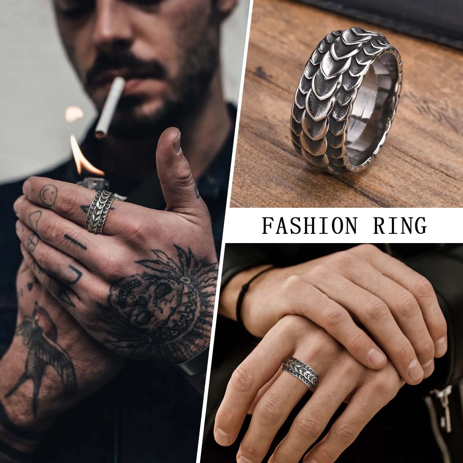 Dragon Scale Anxiety Ring for Men Cool Stainless Steel Snake Dragon Scales Rings Fidget Ring Silver Color  Men Gift