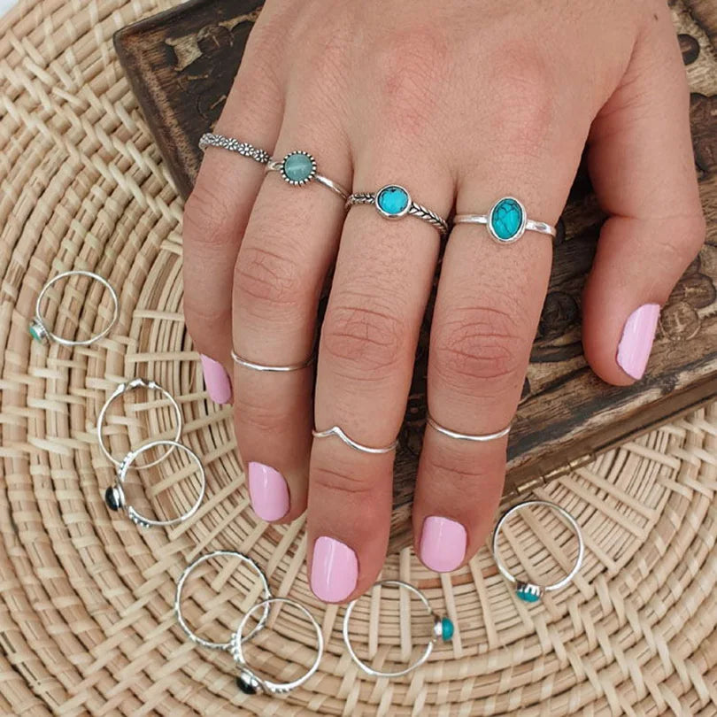 1pc Stainless Steel Boho Turquoise Open Finger Rings Trendy Adjustable Women Multi Layers Stackable