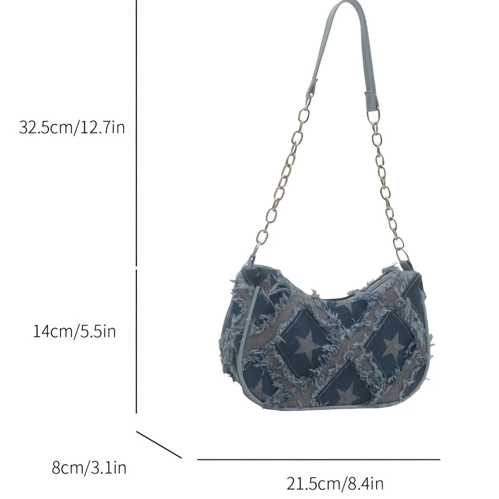 Women's Tote Bag with Star Pattern Blue Distressed Design, Golden-Tone Hardware, Stylish Handbag Shoulder Bag for Everyday Use20 mbzr