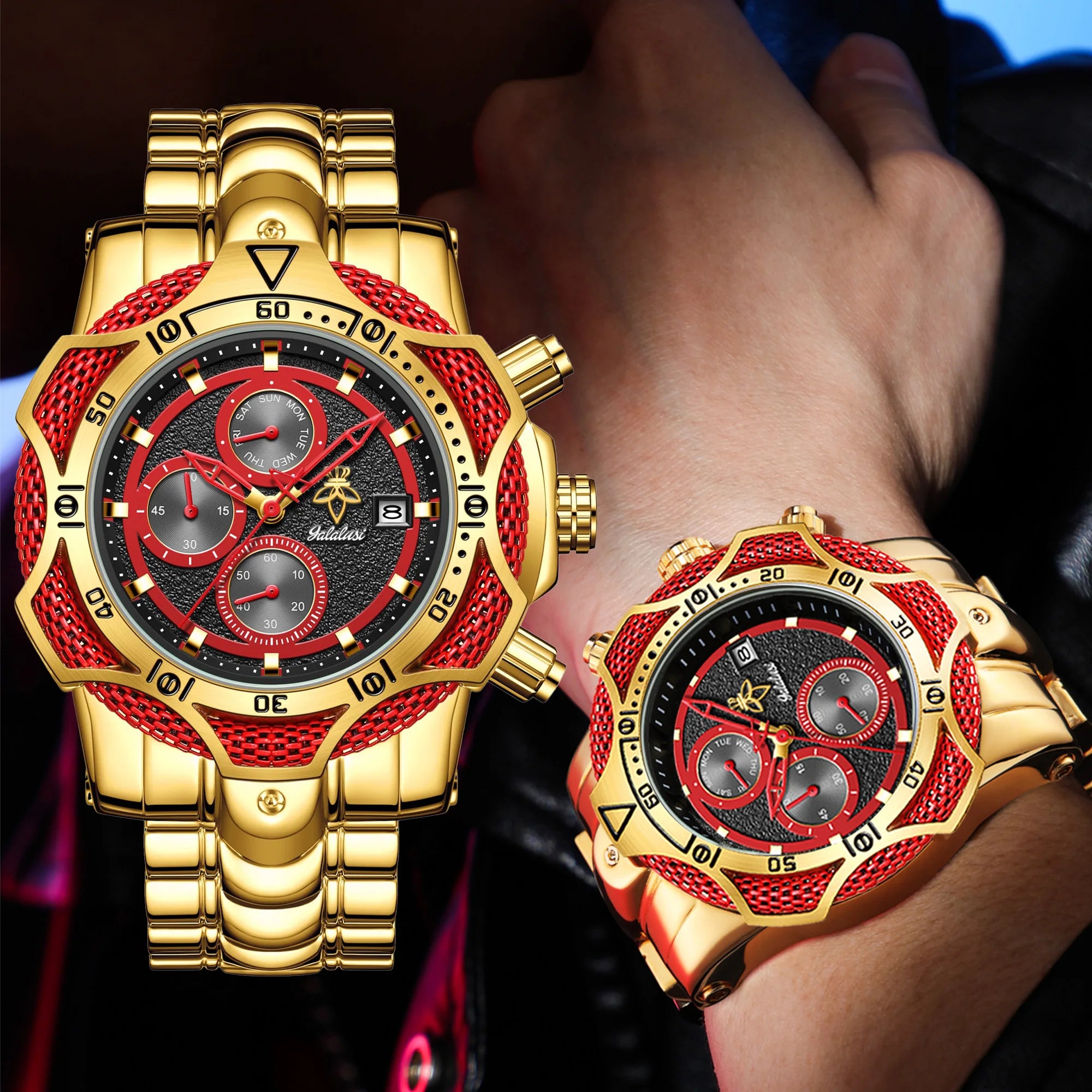 YaLaLuSi Men's Sport Chronograph Watch, Multi-Function Quartz Wristwatch with Gold Tone Bracelet, Multiple Colors Available, Ready-to-Gift Set