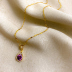 Romantic Vintage Teardrop Necklace, Round Purple Stone Halo Setting Gold Plated Pendant Necklace, Elegant Party Aesthetic Neck Jewelry