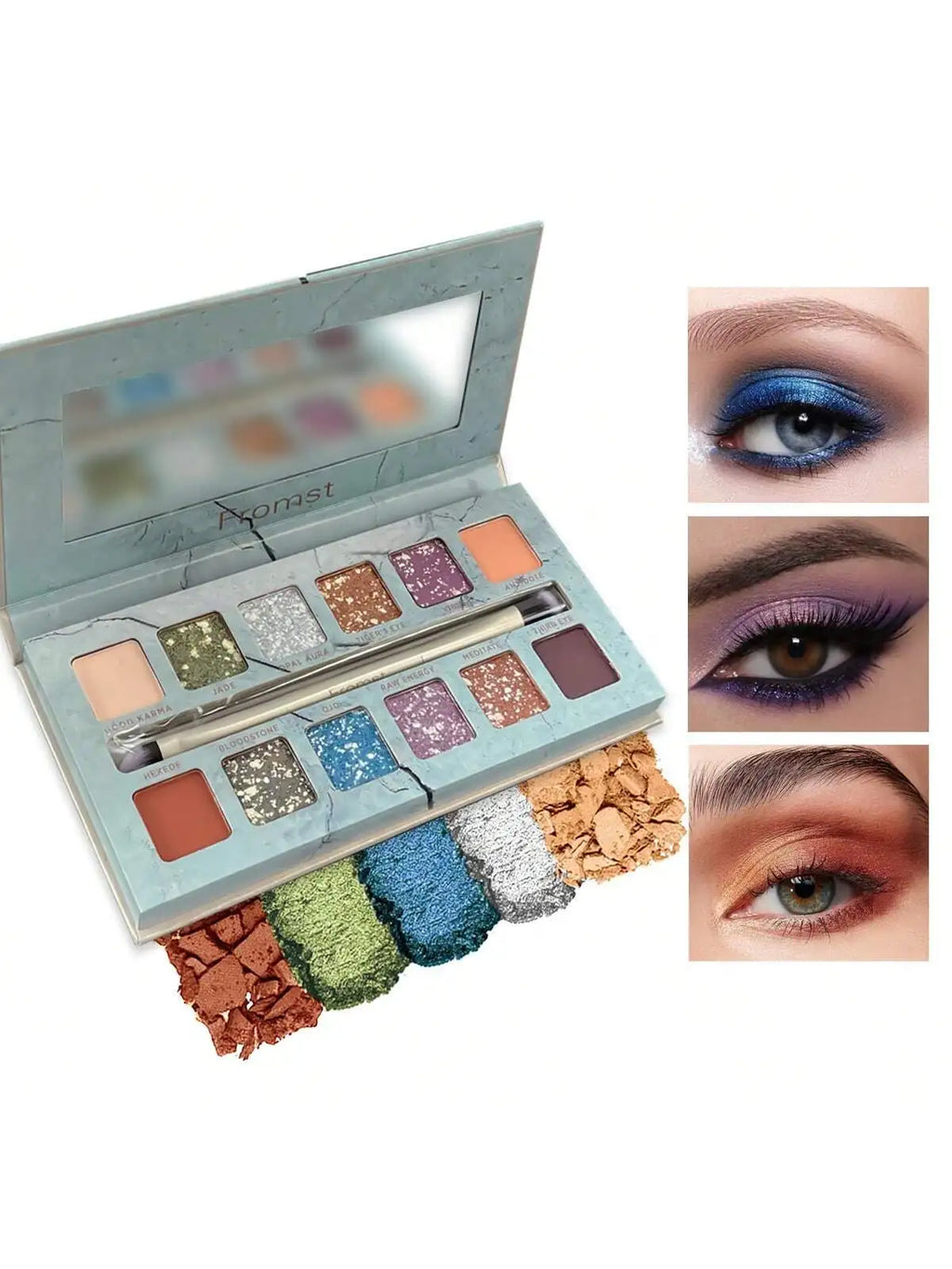12-color eyeshadow palette, mirror packaging, pearlescent shimmer, stage makeup effect, long-lasting, easy to apply, waterproof mbzr
