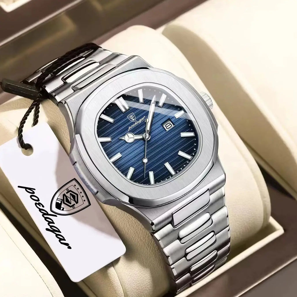 POEDAGAR Luxury Square Men’s Quartz Wristwatch Waterproof Luminous Date Stainless Steel Man Clock Business Sports Watches For Men Casual Male Reloj mbzr