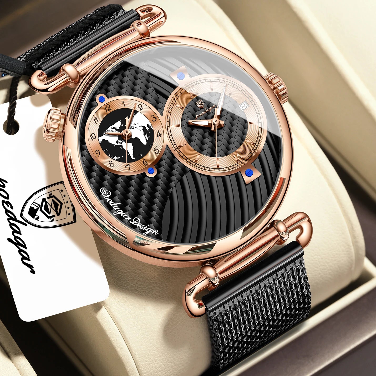 POEDAGAR Original Fashion Man Wristwatch Multiple Time Zone Display Waterproof Calendar Men Watch Mesh Stainless Steel Quartz Business Men's Watches Reloj