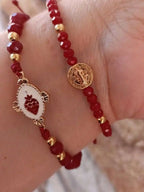2pcs Vintage Red Artificial Crystal Beads Jesus Charm Adjustable Bracelet Set For Women
