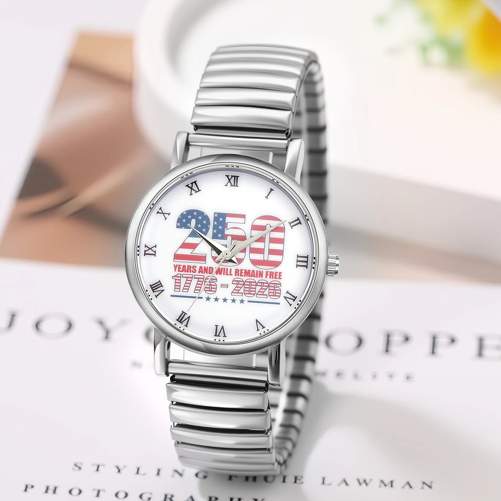 Women's Bohemian Analog Quartz Watch, 250th Anniversary Dial Design, Roman Numeral Markers, Stainless Steel Elastic Expandable Band, Easy Slip-On All-Season Casual Wristwatch mbzr