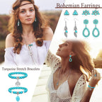 Turquoise Jewelry for Women Bohemian Western Jewelry Set Navajo Pearl Necklace Beaded Choker Necklace Turquoise Earrings Bracelet Vintage Knuckle Rings Boho Western Jewelry for Women