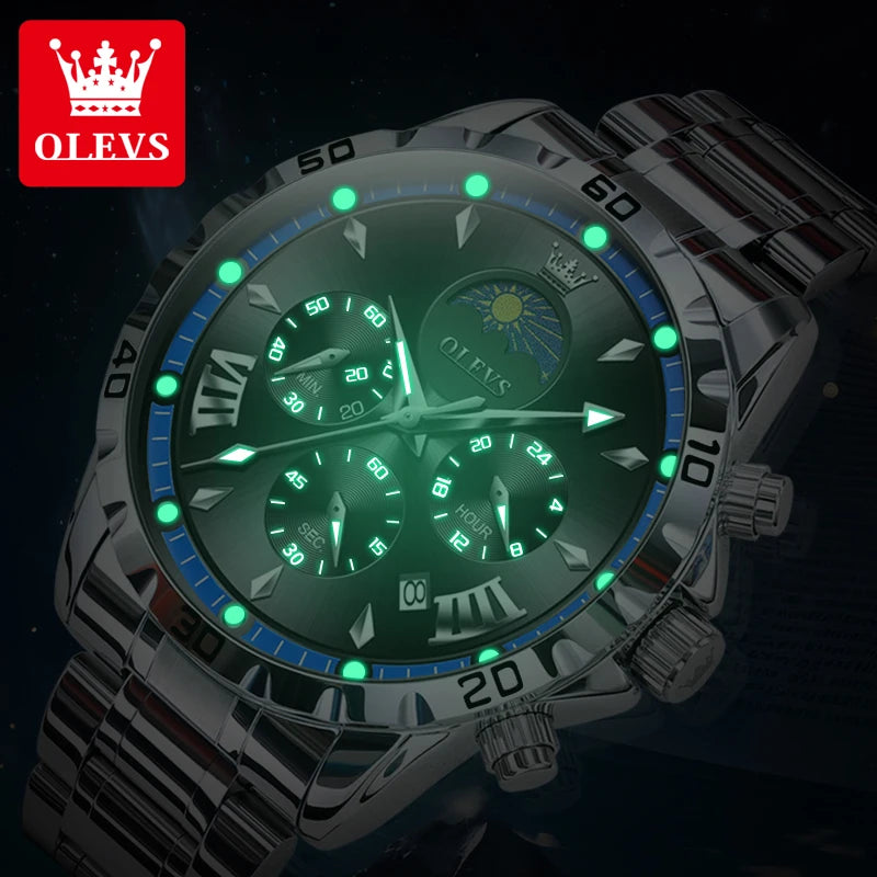 OLEVS Fashion Brand Men's Watch Waterproof and Luminous Calendar Lunar Phase Timing Code Watch Luxury Sports Men's Quartz Watch mbzr