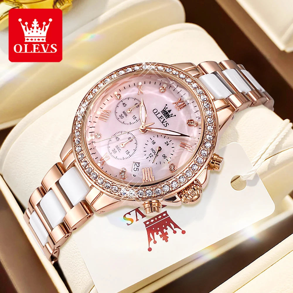 OLEVS 9999 Women Watch Brand Original Elegant Waterproof Chronograph Luxury Ceramic Dress Pink Women Quartz Watch Reloj Mujer mbzr