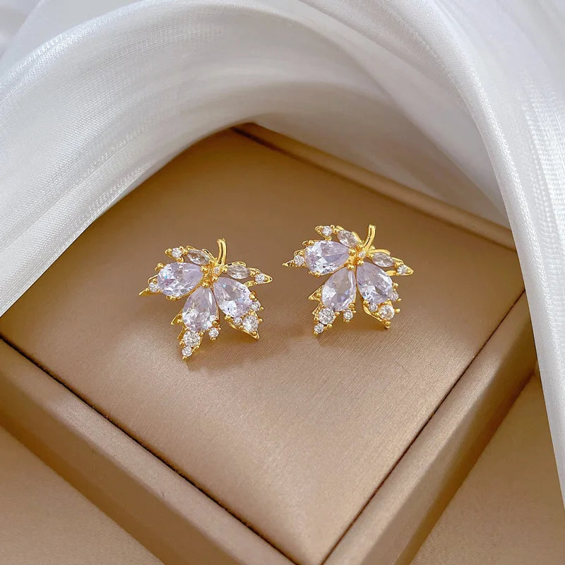 3pcs Micro Paved Maple Leaf Full Rhinestone Jewelry Set, Luxury Elegant Unique Earrings Necklace Combo for Women Wedding Party Banquet