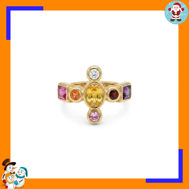 Medieval Retro Cross Colored Treasure Ring Multi-color Splicing Special-shaped Zircon Stainless Steel Ring Court Style