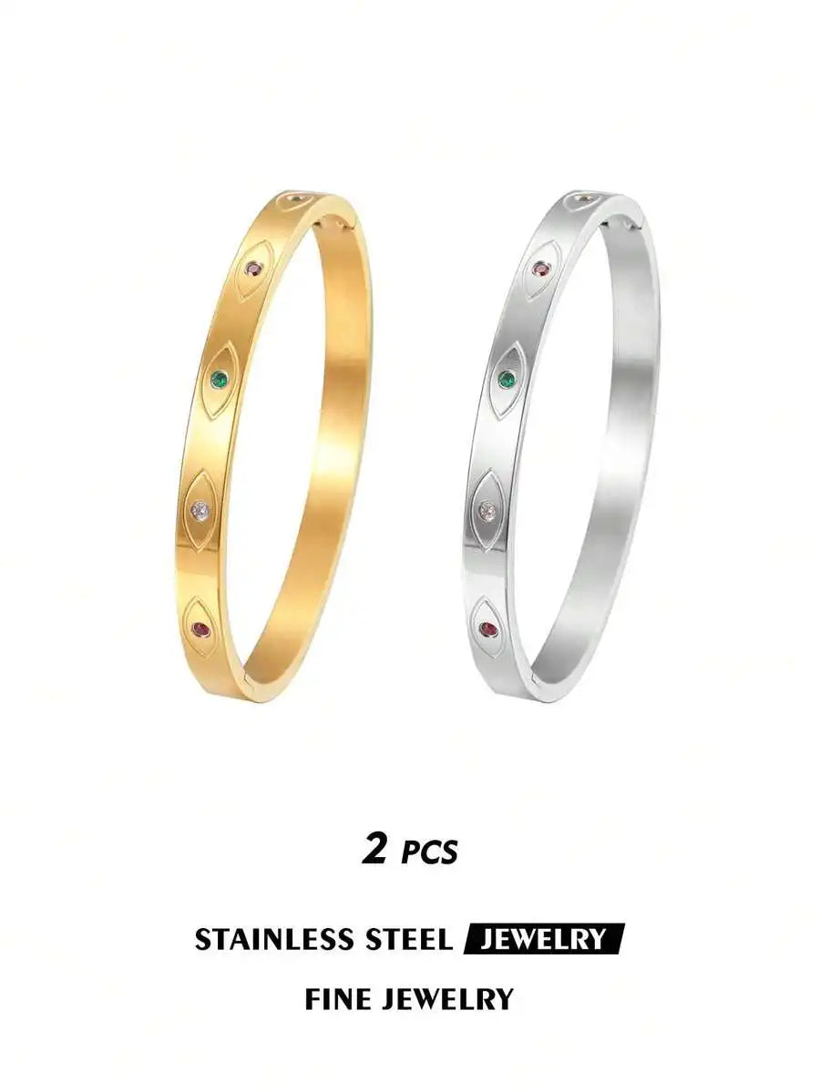 Gold Plated Stainless Steel Evil Eye Cuff Bracelet Bohemian Style For Women