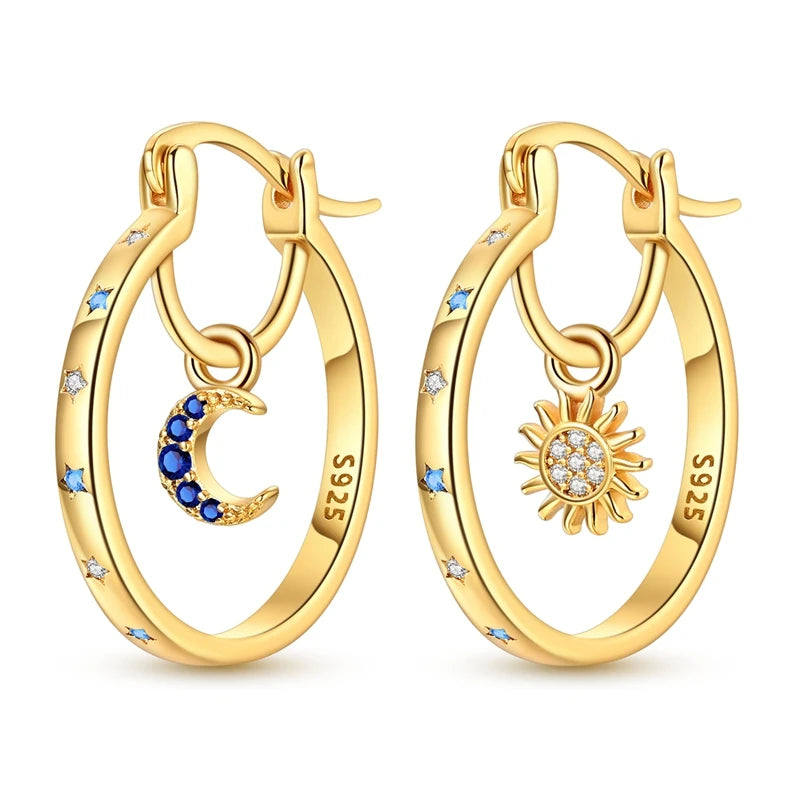 MULA 925 Sterling Silver Sun Moon Stars Hoop Earrings Classic Simple Fashion Jewelry