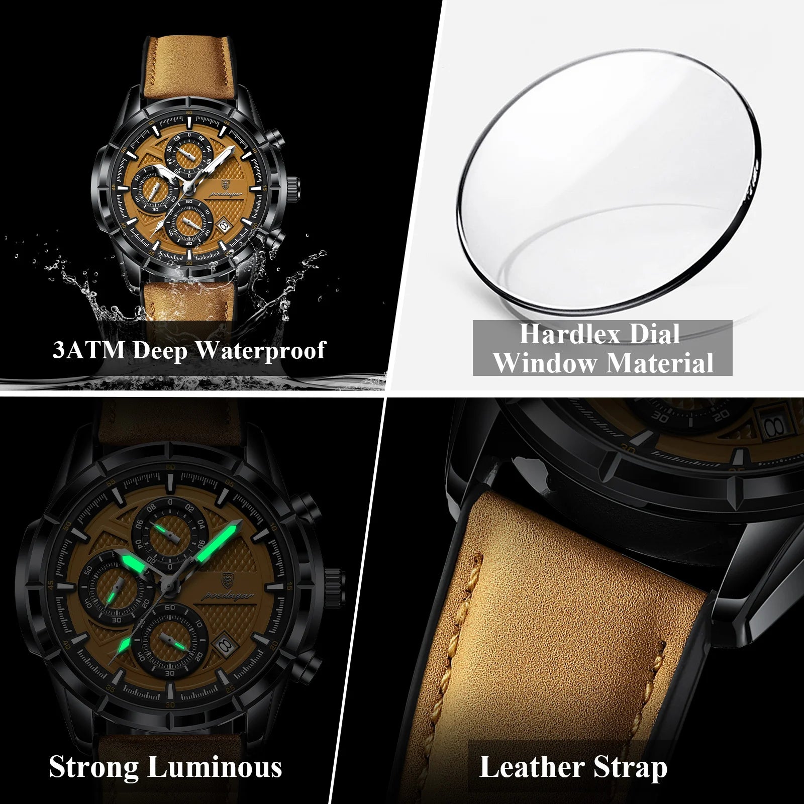 POEDAGAR Fashion Men Wristwatch Luminous Waterproof Leather Quartz Sports Men's Watches Date Chronograph Military Man Clock Gift mbzr