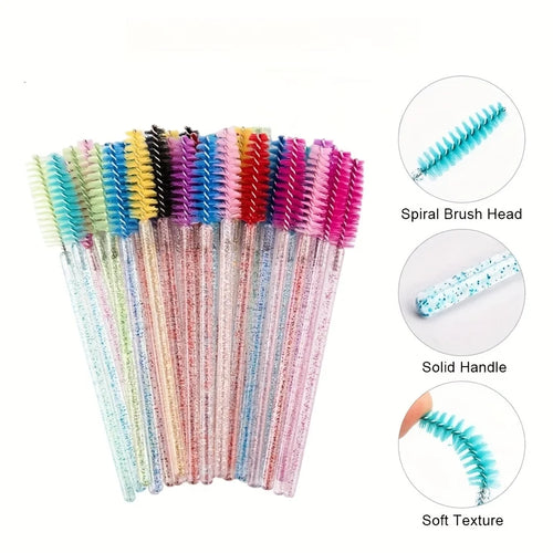 10pcs Disposable Crystal-handled Eyelash Brushes, Brow Brushes, and Mascara Combs - Transparent Makeup Tools