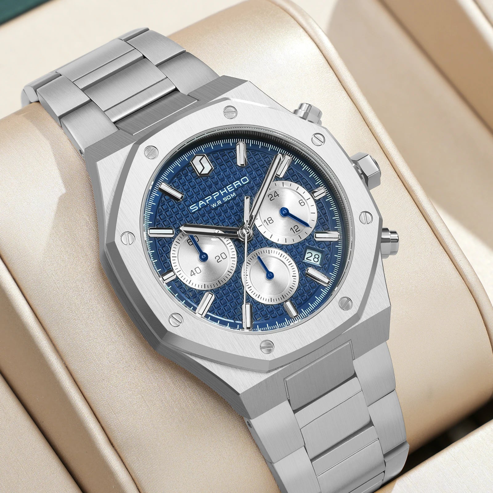 SAPPHERO Men’s Chronograph Quartz Watch 50M Waterproof Stainless Steel Sport Business Luxury Wristwatch Blue Dial
