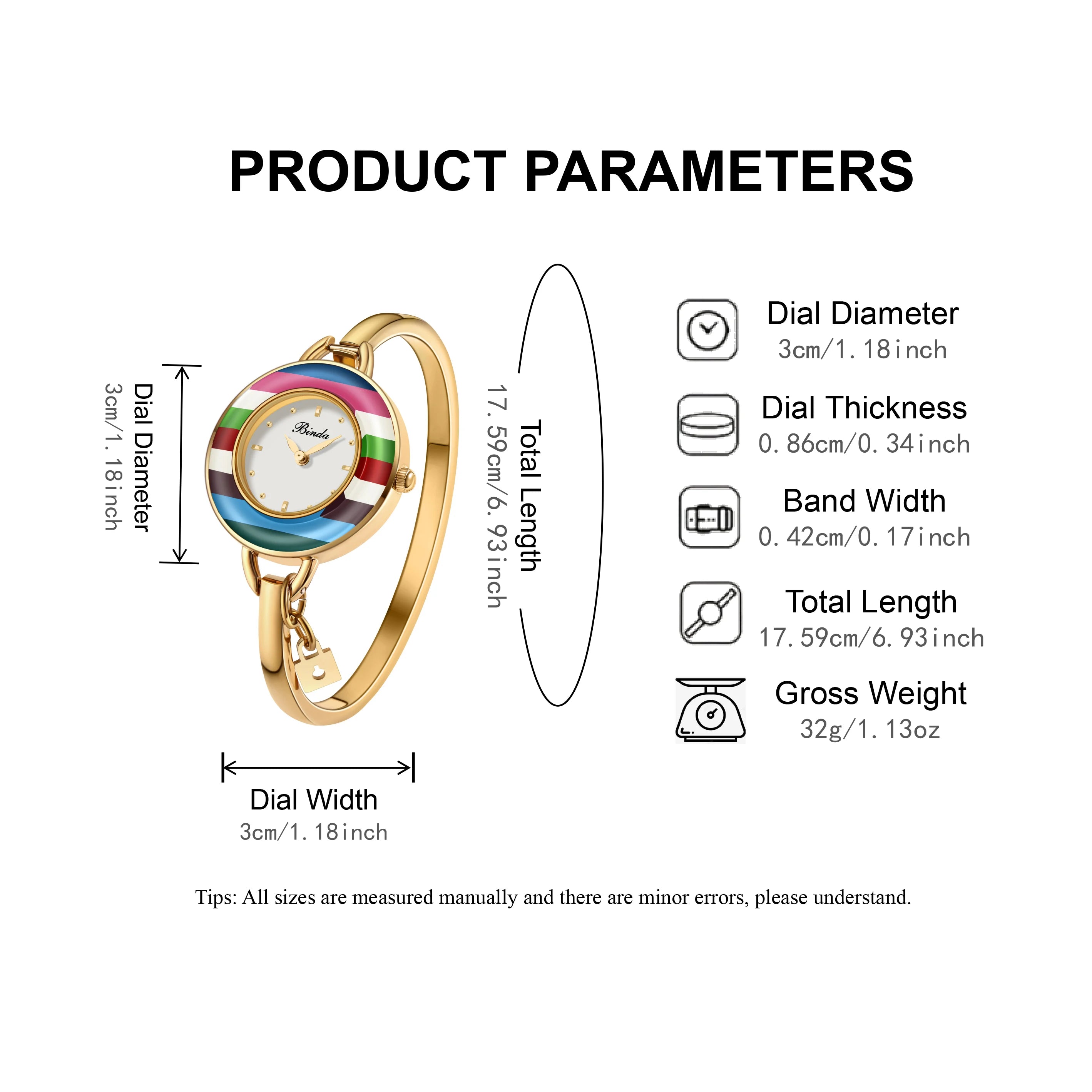 BINDA Elegant Quartz Watch Rainbow Gold Stainless Steel Bracelet Round Delicate Dial mbzr