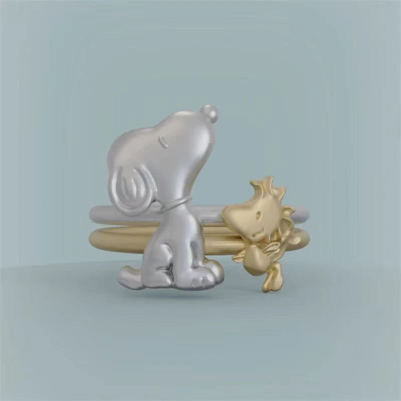 Snoopy woodstock stackable ring set peanuts cartoon adjustable open rings kawaii two tone couple matching jewelry gift