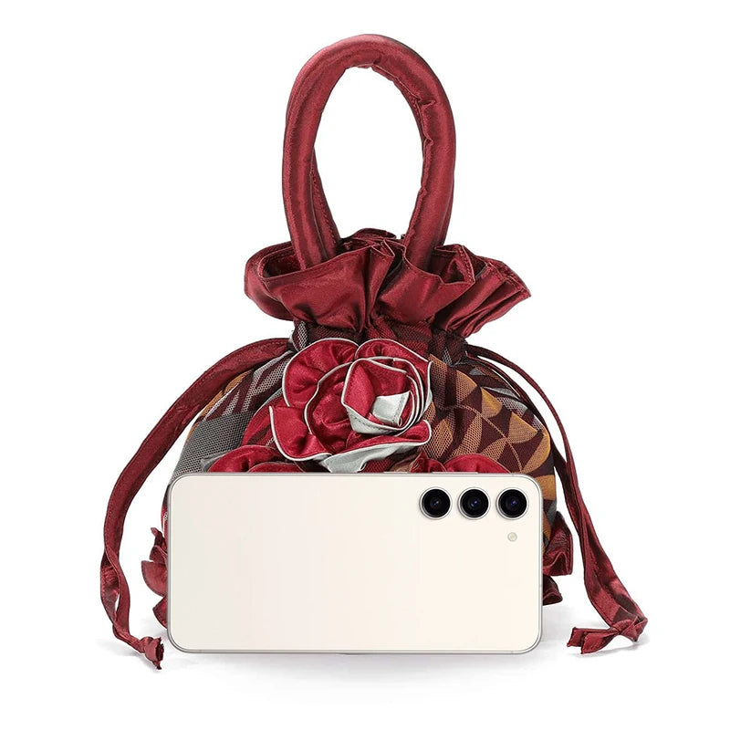 2PCS Fashion Versatile Drawstring Ladies Handbag Flower Dinner Bag Handle Bucket Bag Portable Cell Phone Bag Coin Purse