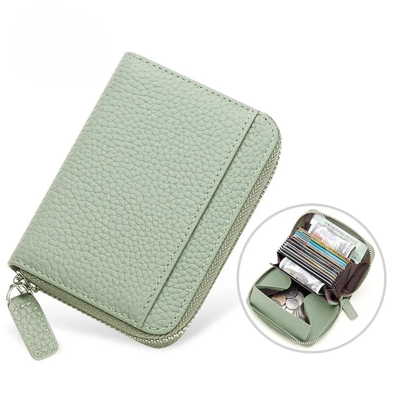 Light Green Lychee Grain Faux Leather Zipper Card Wallet, Compact Multi-Slot Accordion Card Holder with Coin Pocket & Cash Compartment, Mini Portable Credit Card Purse with Small Pull Tab for Women Daily Carry