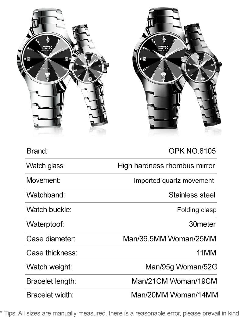OPK Couple Watches For Lovers Rhombus Mirror Diamond Calendar Stainless steel Waterproof Wristwatch for Couple Reloj de pareja mbzr