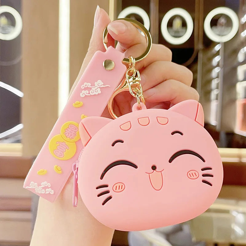 Portable Data Cable Earphone Organizer Coin Key Pouch Cute Cartoon Cat Silicone Coin Purse with Keyring Kawaii Kids Coin Bag