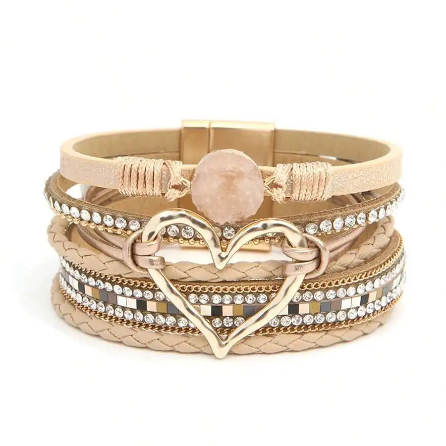 Layered PU Leather Heart Charm Wrap Bracelet With Magnetic Closure For Women, Boho Style, All Season Accessory mbzr