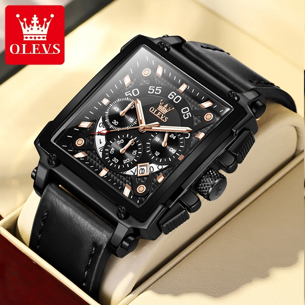 OLEVS 9919 Chronograph Multifunctional Quartz Men's Watch Leather strap 45MM Square Big Dial Leisure Sports TOP Brand Male Watch mbzr