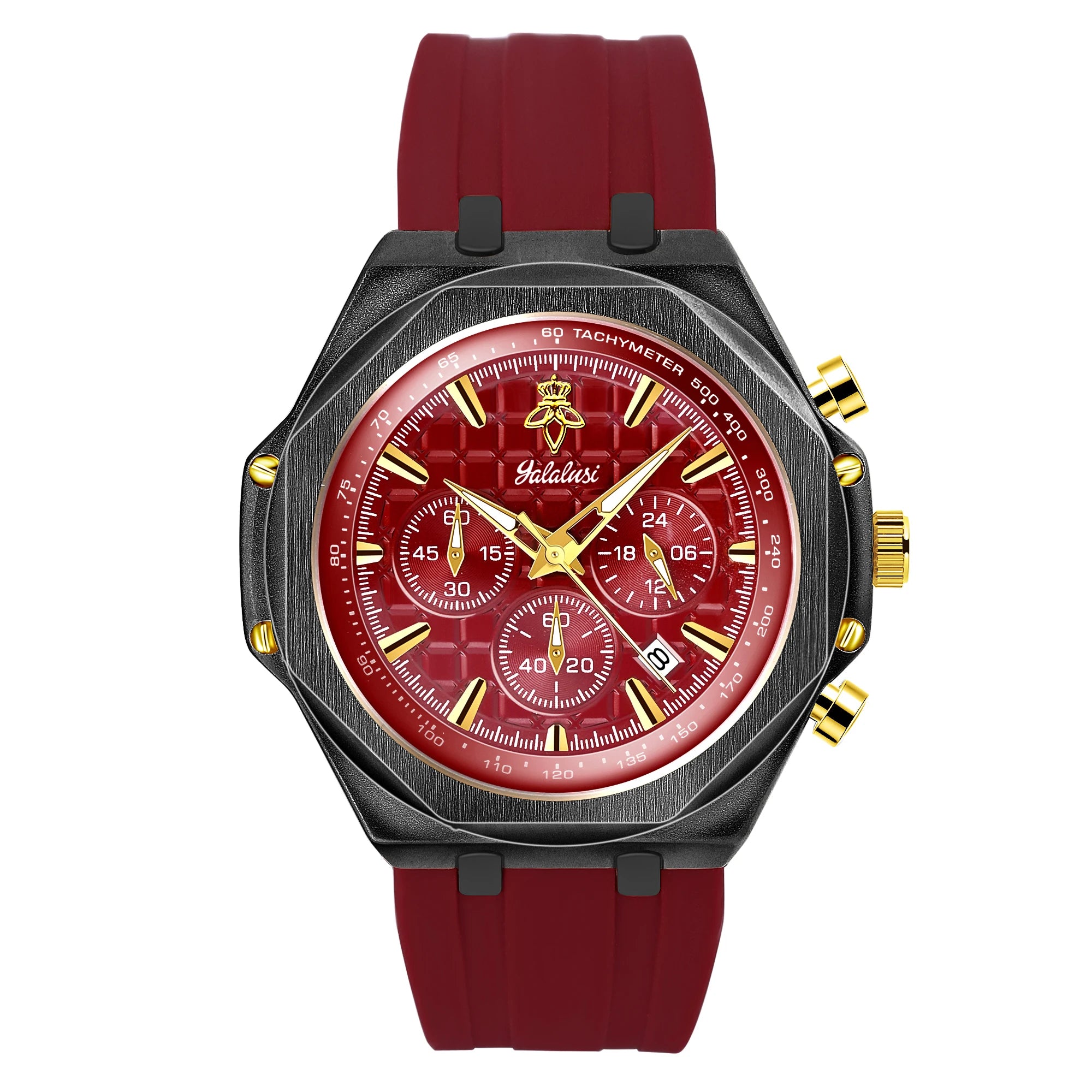 YaLaLuSi Octagon Gold Case Men Chronograph Watch Burgundy Red Grid Dial Silicone Strap Tachymeter Multi Sub Dial Date Waterproof Sports Quartz Wristwatch