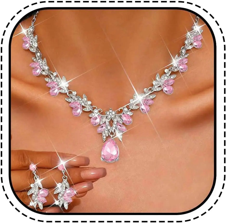 Unicra Rhinestone Bridal Wedding Jewelry Sets Gold Necklace Earrings Set Leaf Prom Formal Costume Jewelry Set for Women and Brides