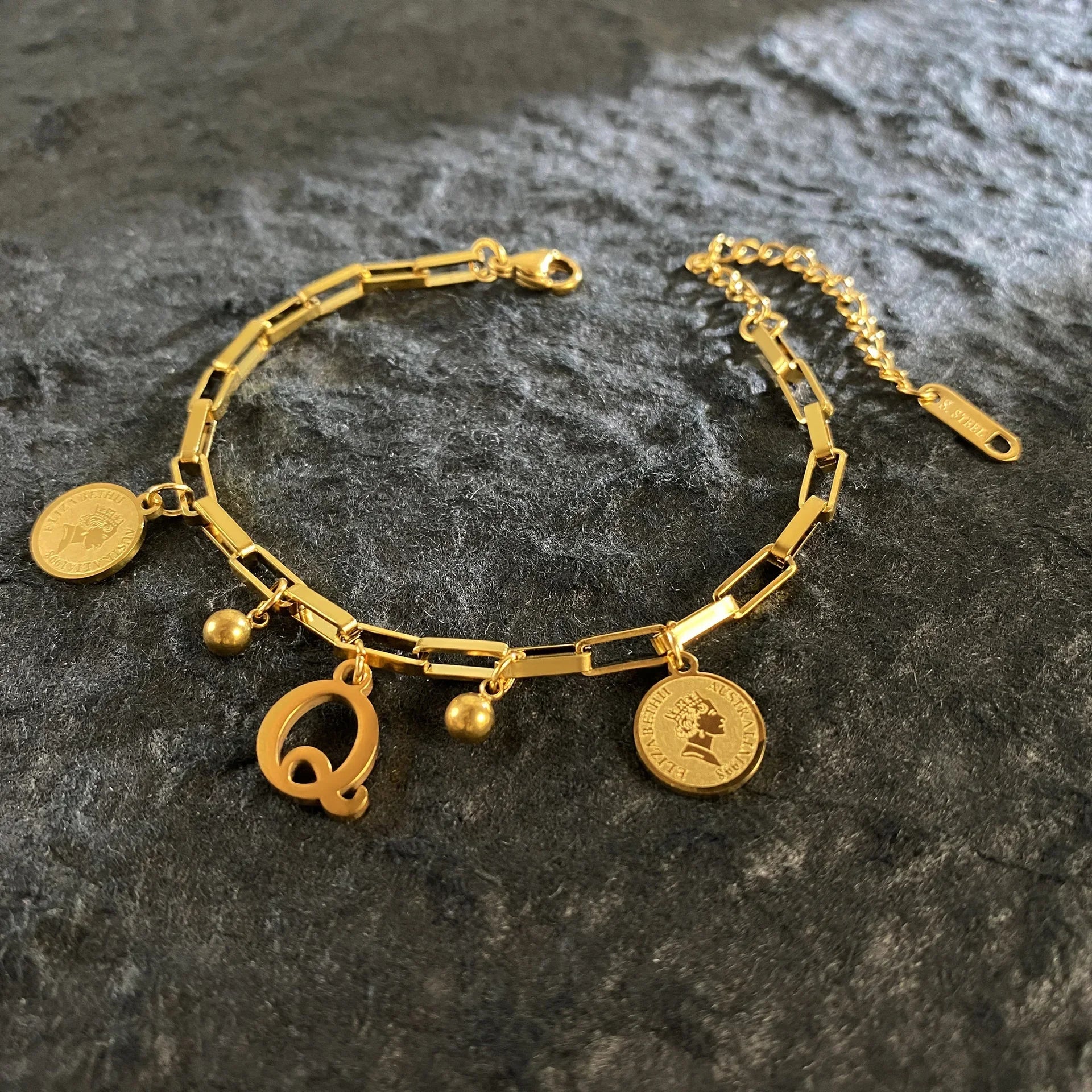 1pc Queen Coin Letter plated Stainless Steel Bracelet for Women Small Bell Pendant Adjustable Bracelet Classic Jewelry Gift