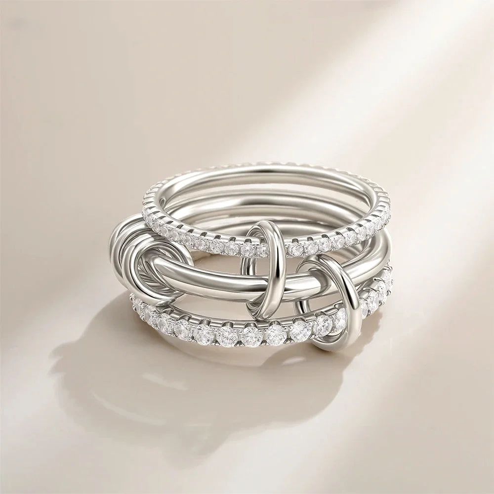 Multi-layer Stackable Finger Rings Shiny Cubic Zirconia Link Ring 18K Gold Plated Stainless Steel High Quality Jewelry Accessory