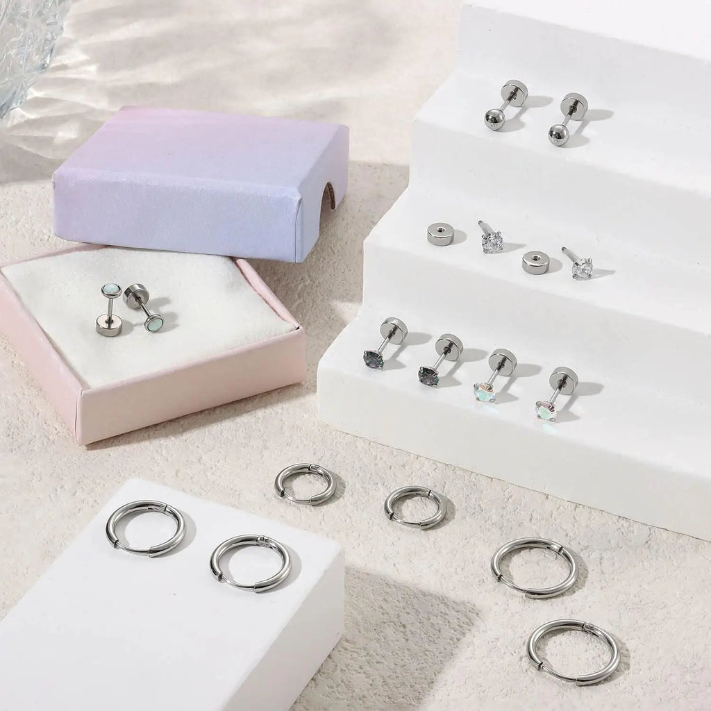 Surgical Steel Earrings for Sensitive Ears Hypoallergenic 20G Stainless Steel Stud Hoop Earrings for Women Men Small Opal Ball CZ Surgical Steel Flat Back Earrings Cartilage Earrings Hoop Stud