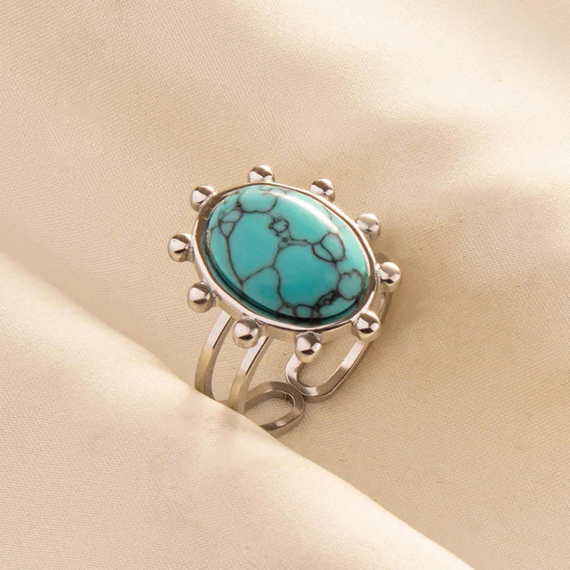 1pc Stainless Steel Boho Turquoise Open Finger Rings Trendy Adjustable Women Multi Layers Stackable